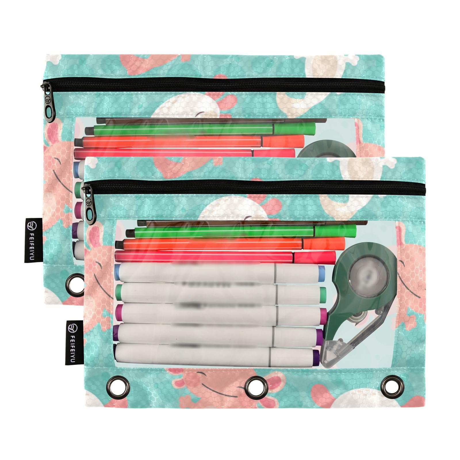 Kawaii Axolotl Green Zipper Pencil Pouch 2-Pack - 3-Ring Binder Organizer for School & Office Supplies - Cute Stationery Case for Notebooks, Folders & Backpacks