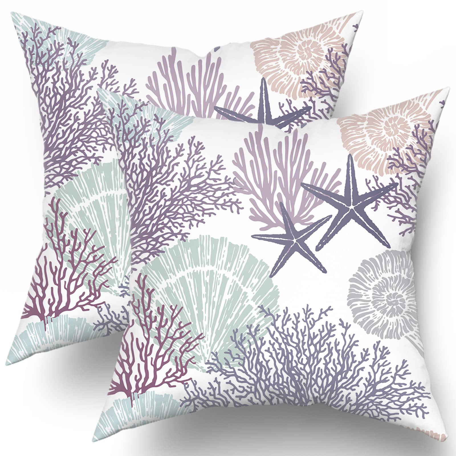 Ocean Coral Pillow Covers 20x20 Inch - Set of 2 Soft Cotton Nautical Coastal Throw Pillows with Seashell & Starfish Design - Square Cushion Covers for Sofa, Couch, Bedroom & Patio - Perfect for Beach House Decor & Coastal Themed Living Spaces (Purple)