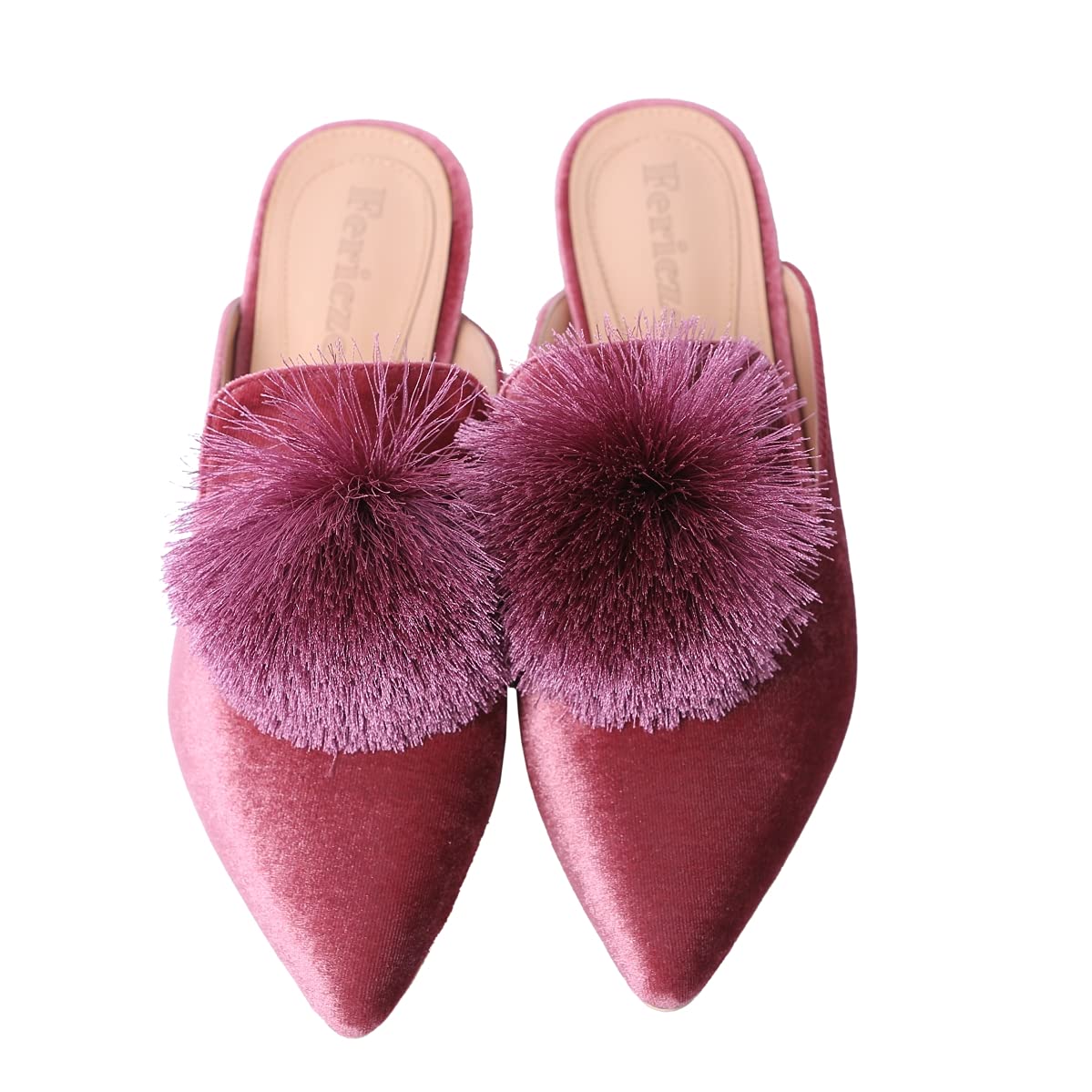 Fericzot Women's Slip On Mule Loafers - Backless Pointed Toe Flats with Puff Pompom Decor, Comfortable Casual Shoes & House Slippers for Women - Perfect for Home, Office, and Daily Wear