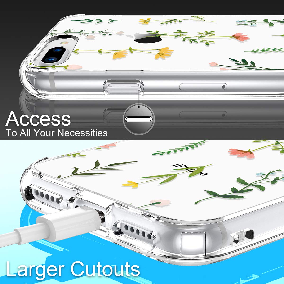 GiiKa Clear Heavy Duty Protective Case for iPhone 8 Plus/7 Plus with Screen Protector - Floral TPU Bumper Cover for Women & Girls | Perfect for Outdoor Activities, Work & Daily Use