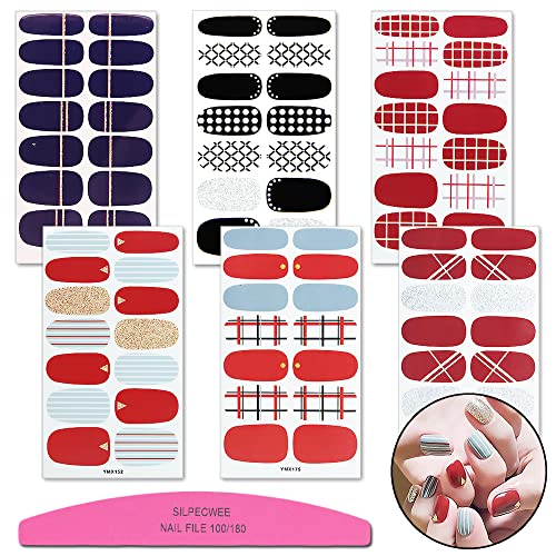 SILPECWEE 6 Sheets Geometry Plaid Nail Polish Stickers - Self-Adhesive Nail Wraps for Women, DIY Manicure Kit with Nail File - Perfect for Parties, Weddings & Everyday Nail Art