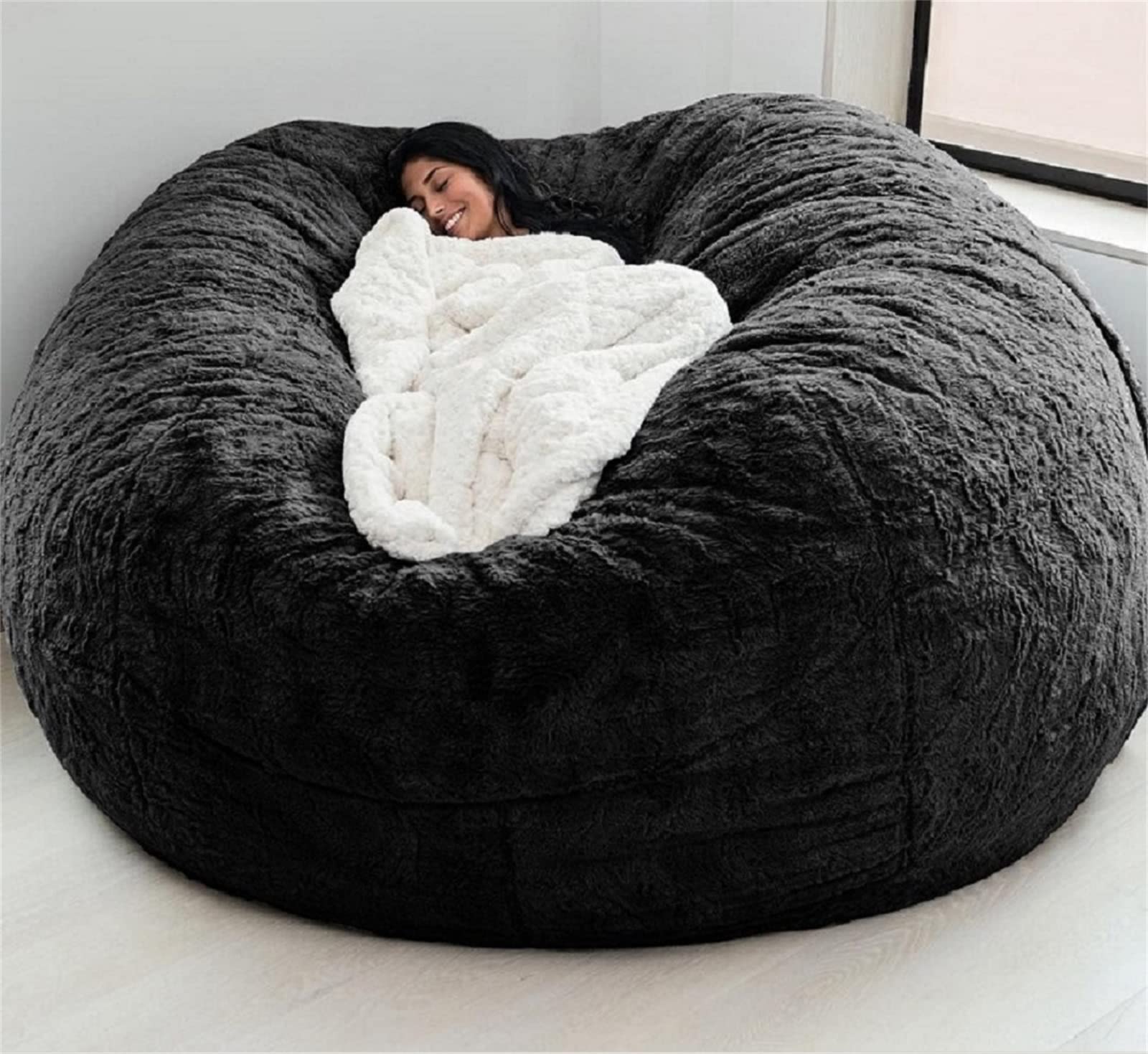 7FT Giant Bean Bag Cover - Soft Fluffy Fur Storage Chair for Living Room, Sofa Bed & Portable Lounging | No Filler Included (Black) | Perfect for Home Theater, Game Room & Dorm Relaxation