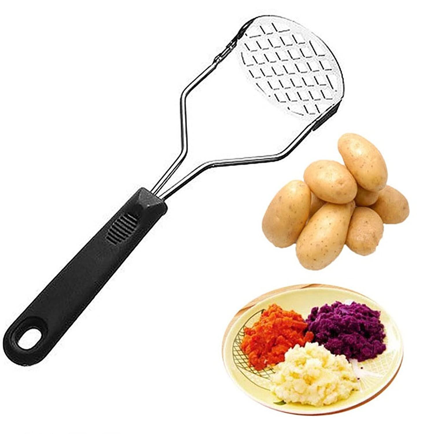Premium Potato Masher - Heavy Duty Stainless Steel Potato Press for Smooth Mashed Potatoes, Purees & Juices - Easy to Use Kitchen Tool for Cooking, Baking & Baby Food Prep