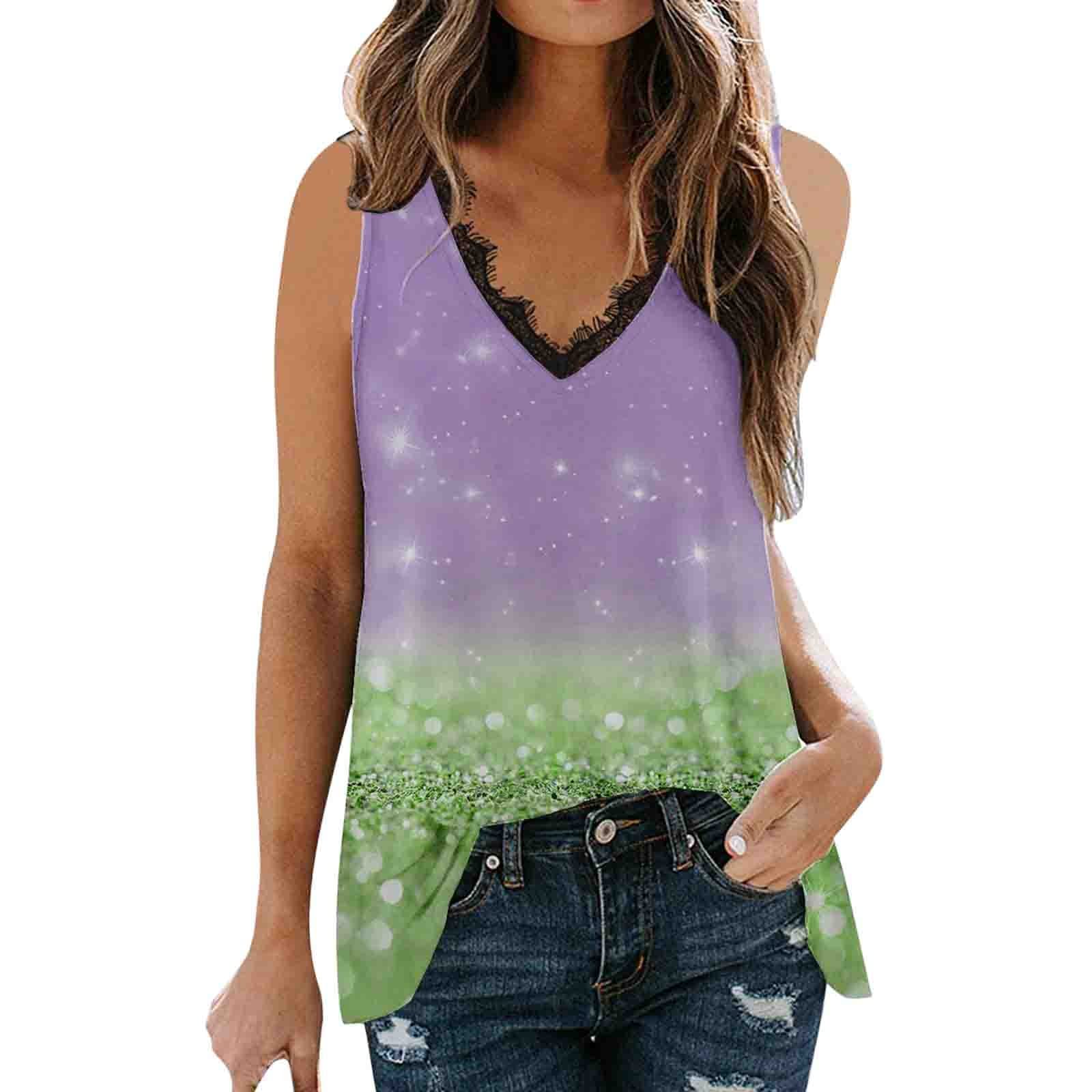 Women's Summer Sleeveless Sequins Printed V-Neck Lace Tank Tops - Casual Basic T-Shirts for Women, Perfect for Beach Outfits, Music Festivals & Daily Wear