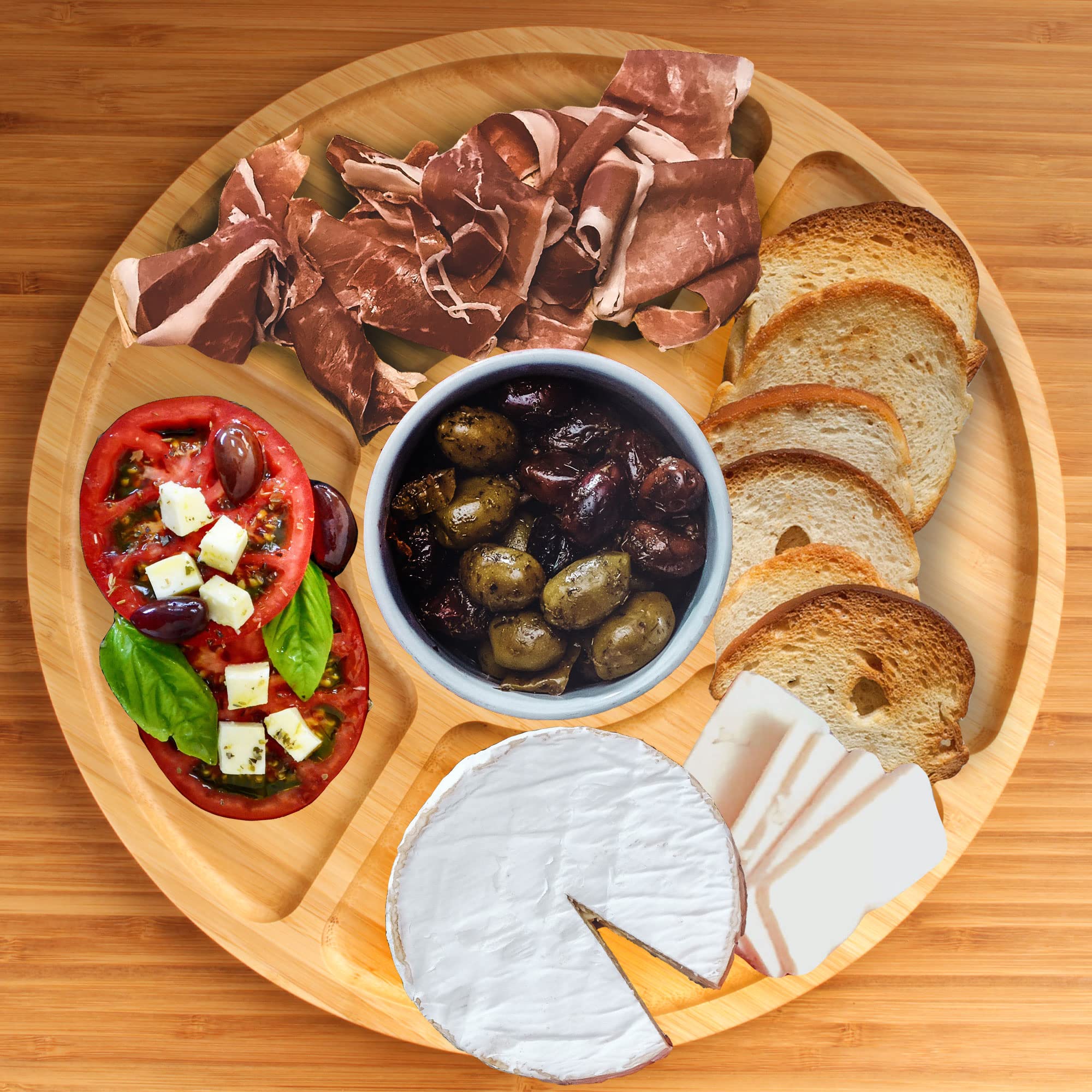 BambooMN Natural 12-Inch Round 5-Compartment Bamboo Serving Tray | Charcuterie Board for Cheese, Fruits & Appetizers | Perfect for Parties, Snacks & Entertaining | Eco-Friendly Kitchen & Dining Serveware (Set of 10)