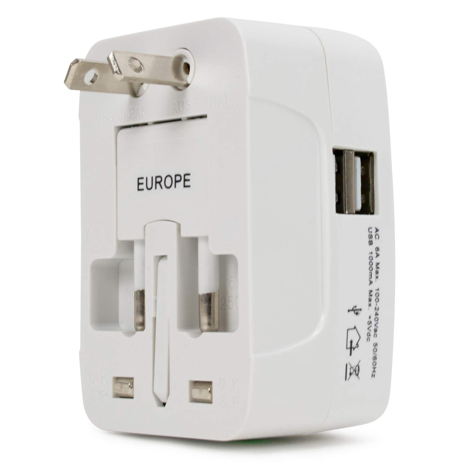 Universal International Travel Adapter with Dual USB Ports - 3-Prong US Plug (White) - Perfect for Business Trips, Vacations & Global Travel Accessories