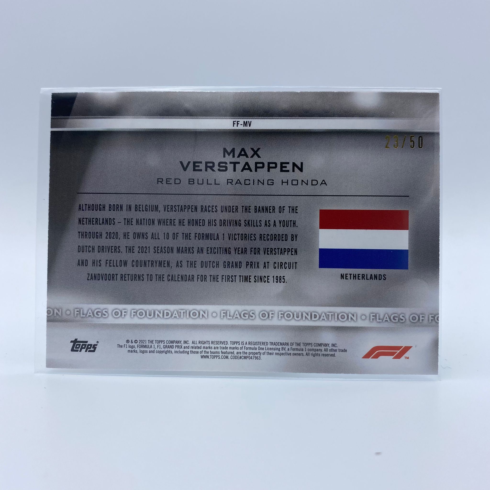 2023 Max Verstappen Flags Of Foundation #FF MV Gold Parallel Racing Card - Perfect for F1 Collectors, Sports Memorabilia Enthusiasts & Racing Fans Display