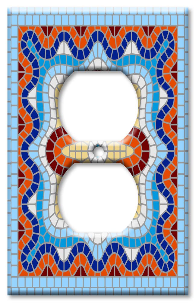 Decorative Light Switch Cover Plate - 1 Gang Outlet - Art Plates with Spanish Mosaic Tile Design - Light Blue Printed Image - Made in USA - Perfect for Home Decor, Bathroom, Kitchen & Office Wall Accents