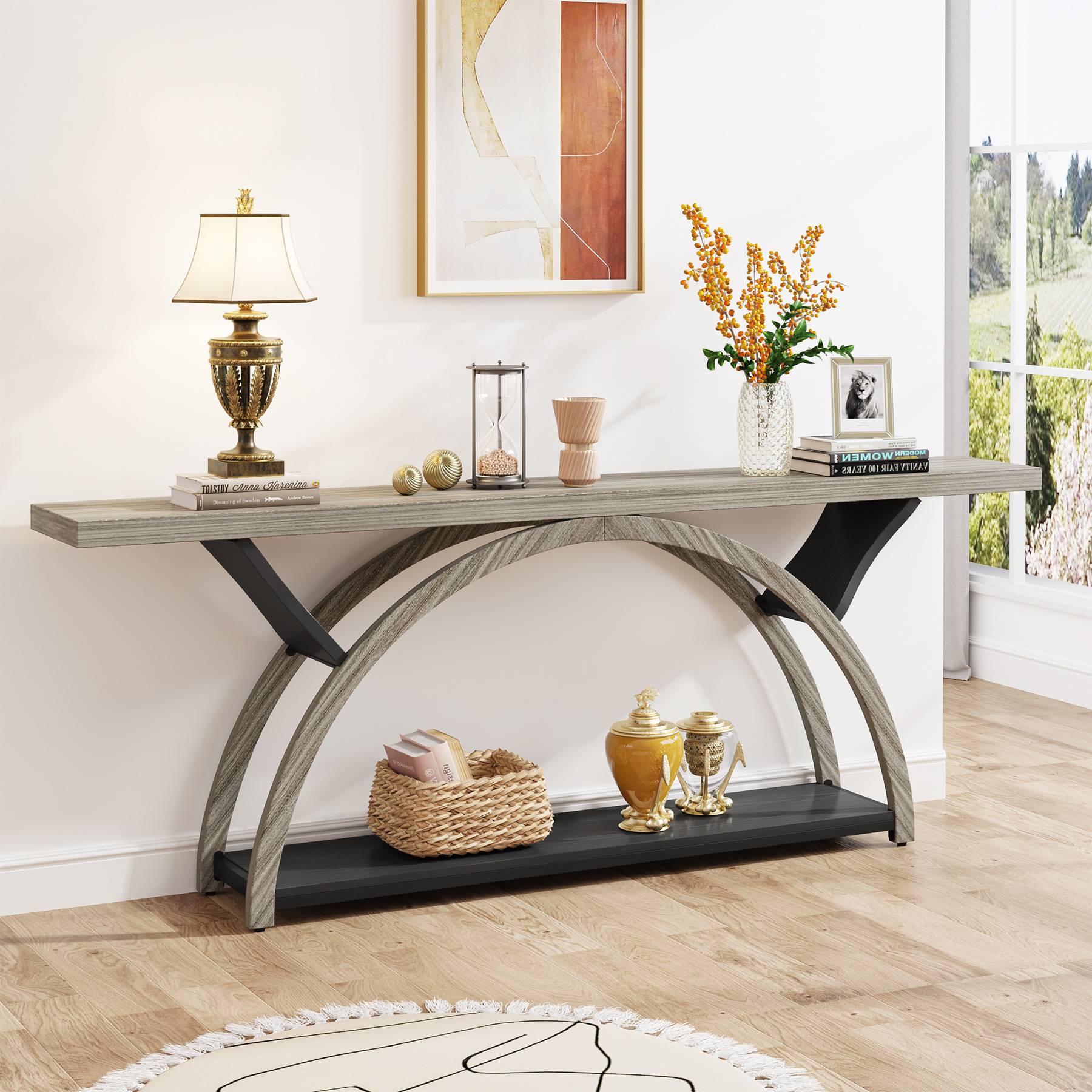 2 Tier Console Table with Half Moon Frame - 70.9