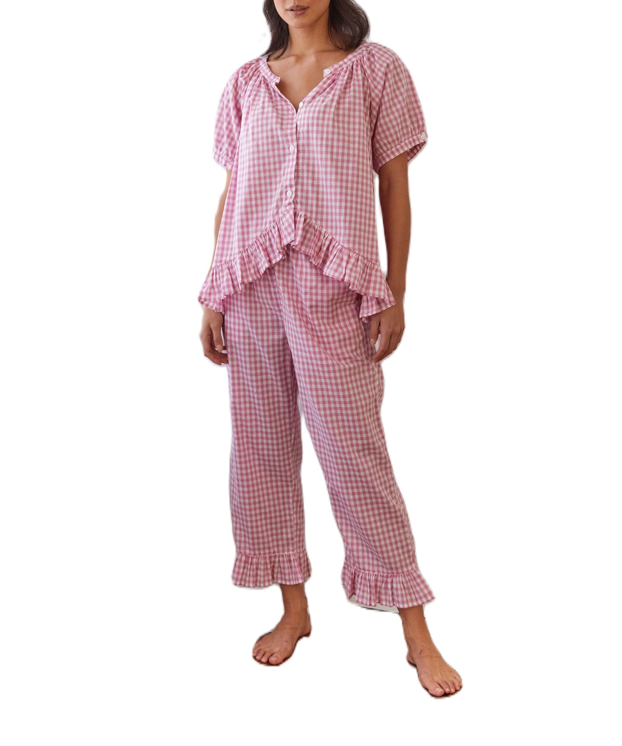 KMBANGI Women's Y2K Plaid Pajama Set - Ruffle Hem Gingham Short Sleeve Shirt & High Waist Bell Bottom Pants Lounge Outfit | Cute Sleepwear for Women, Comfy Loungewear for Home, Vacation & Sleepovers