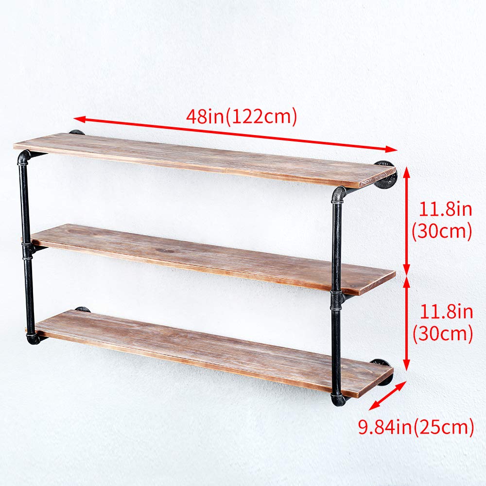 Industrial Pipe Floating Shelves - 3 Tier 48in Wall Mounted Wood & Metal Shelving for Books, Decor & Storage | Rustic Home Office & Living Room Organization