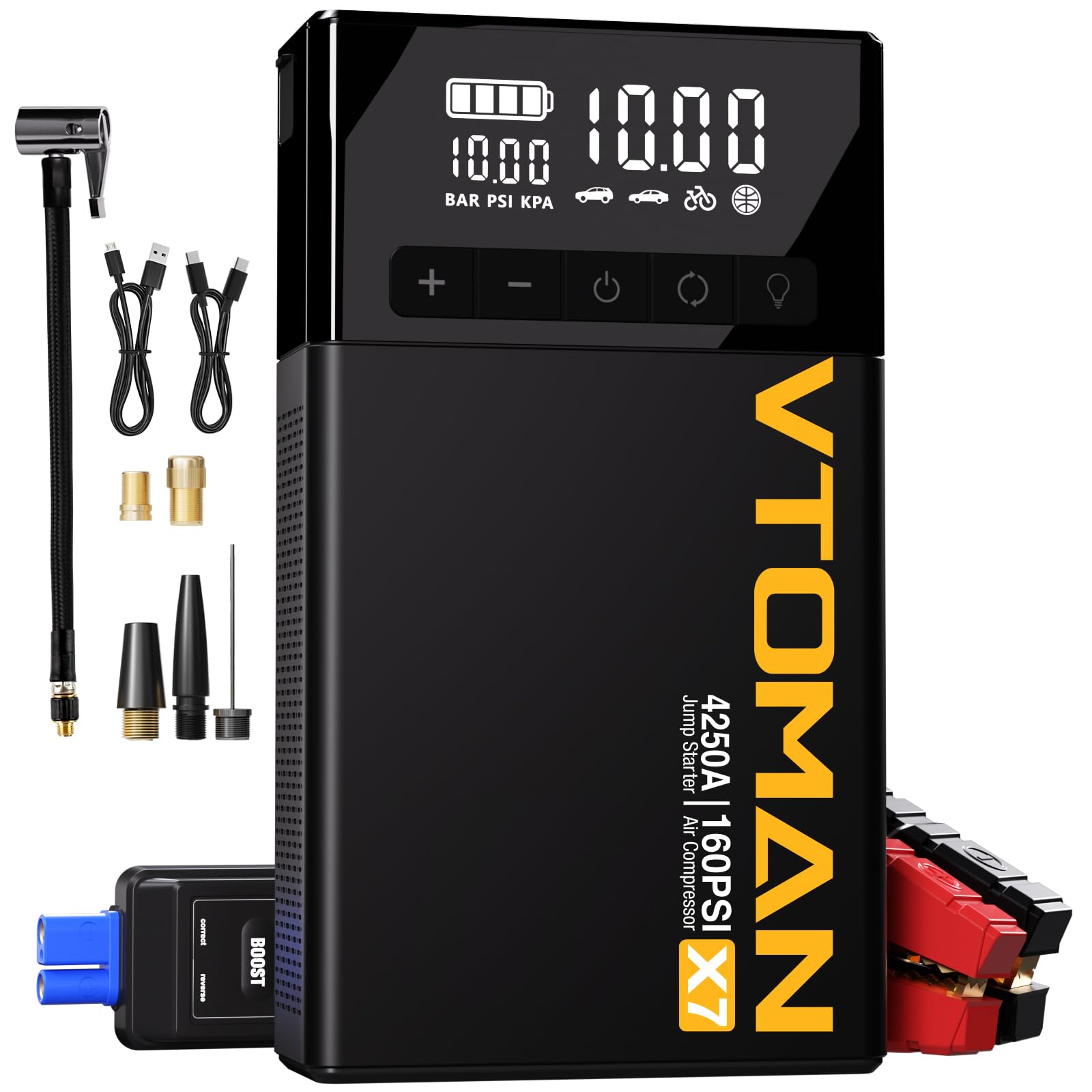 VTOMAN X7 4250A Portable Car Jump Starter with 160PSI Digital Air Compressor, 12V Lithium Battery Booster for Gas/Diesel Engines (Up to 10L) - Type-C Quick Charge & Tire Inflator - Emergency Roadside Assistance & Camping Power Supply