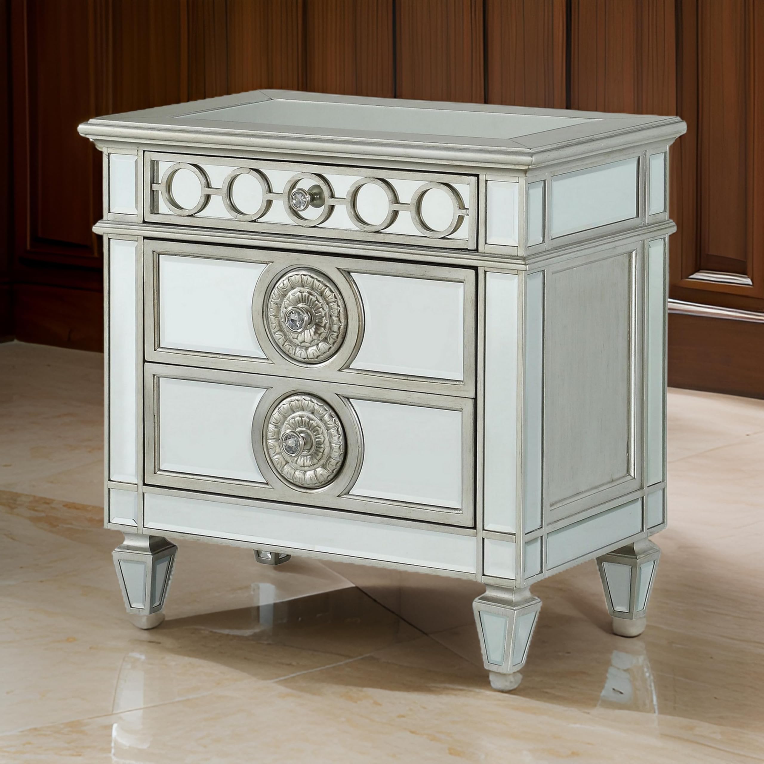 Benjara Silver Accent Wooden Nightstand with 3 Storage Drawers - Modern Bedroom Furniture for Master Bedroom, Guest Room or Apartment