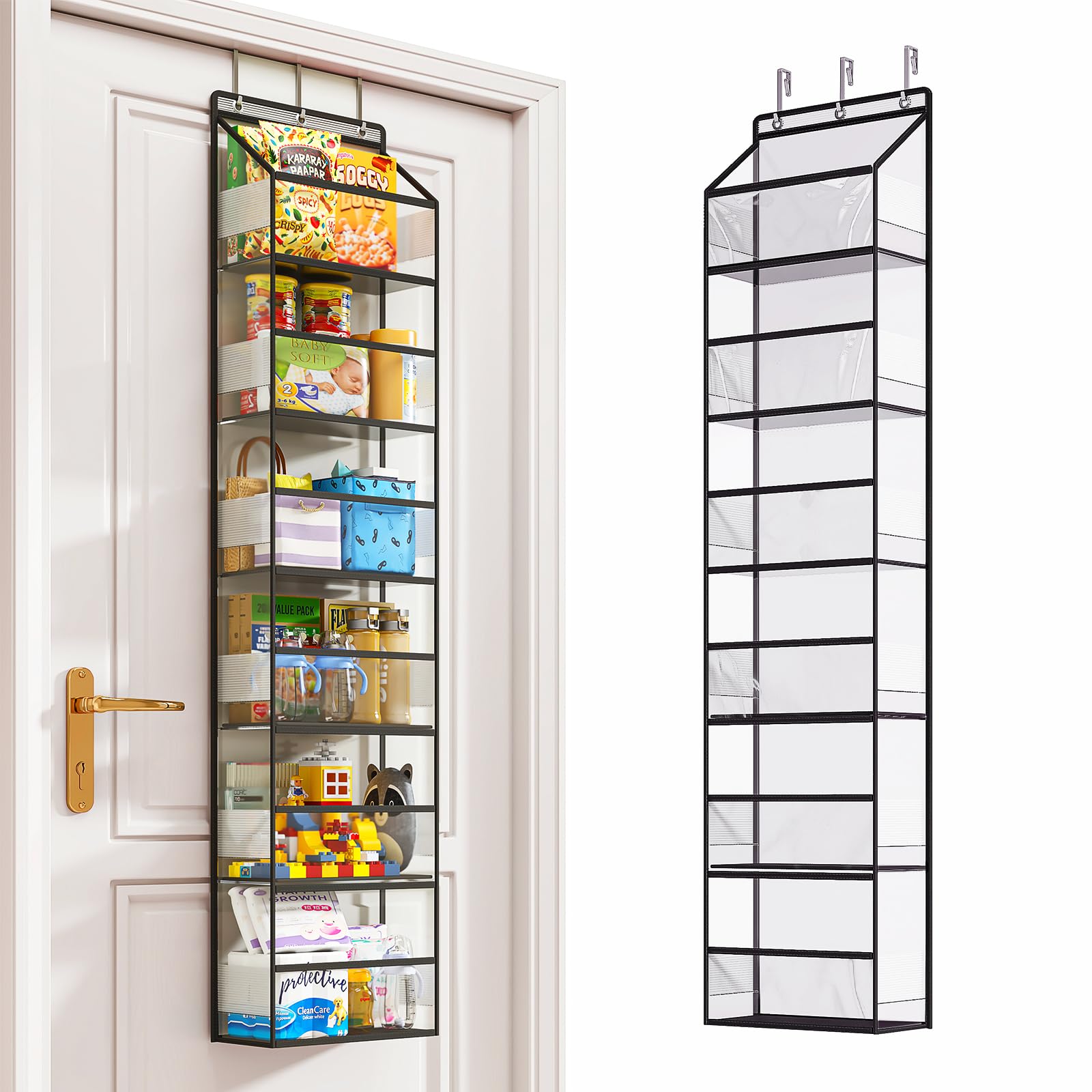 Fixwal 6-Shelf Over The Door Hanging Pantry Organizer - Heavy Duty Clear Plastic Pockets Storage for Closet, Bedroom, Bathroom - Space Saving Grey Behind The Door Organizer for Kitchen, Dorm, Laundry Room