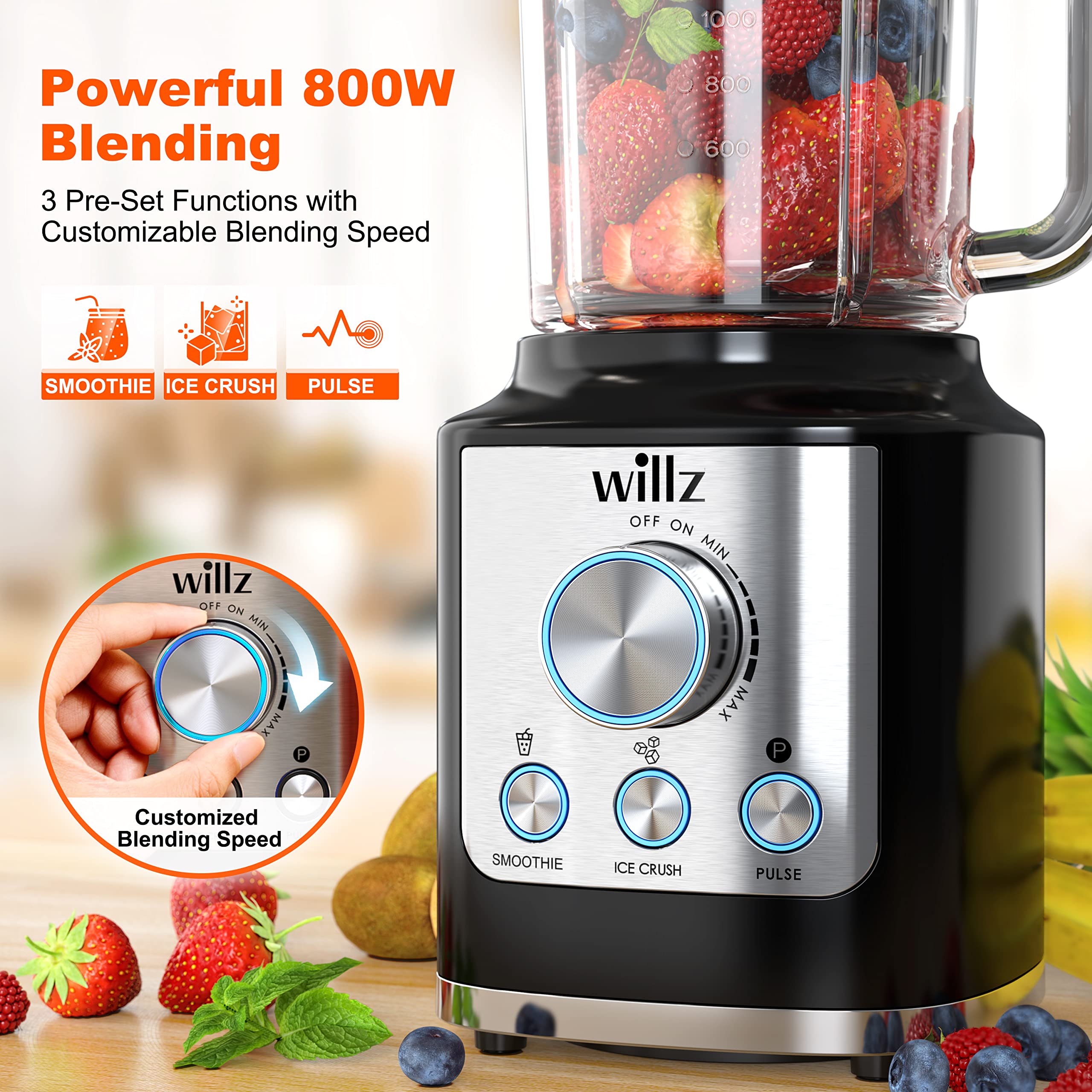 Willz High Speed Countertop Blender - 1000W Powerful Motor for Juices, Smoothies & Shakes - 60oz BPA-Free Pitcher with Ice Crush & Pulse Functions - Perfect for Kitchens, Restaurants & Healthy Lifestyles (Black)