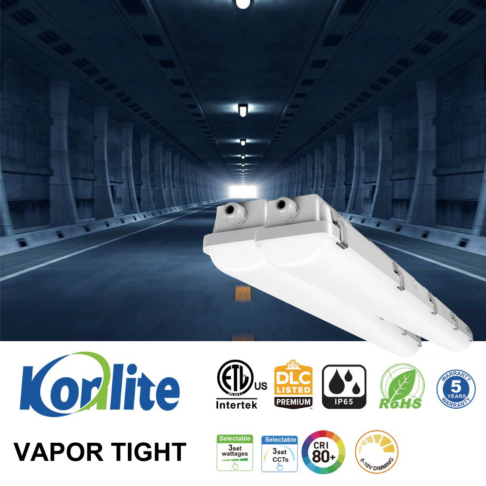 4ft Vapor Tight LED Light Fixture - 2 Pack, 50W/40W/30W Selectable, 6500 Lumens, 5000K/4000K/3000K CCT, 120-277V - Ideal for Garages, Warehouses & Damp Locations