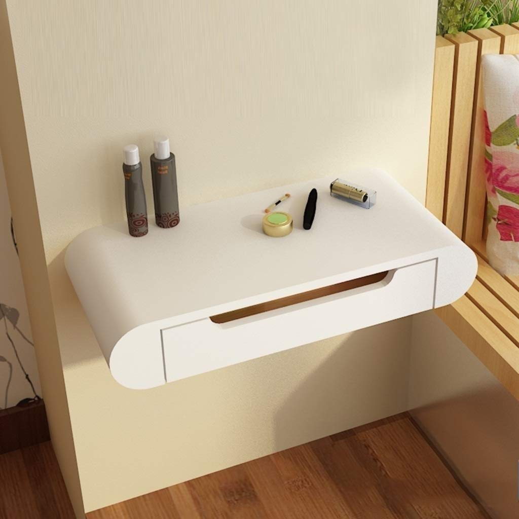White Floating Shelf Makeup Vanity with Drawer - Wall Mounted Dressing Table for Bedroom, Bathroom & Home Decor - Cosmetic Storage & Organizer for Small Spaces