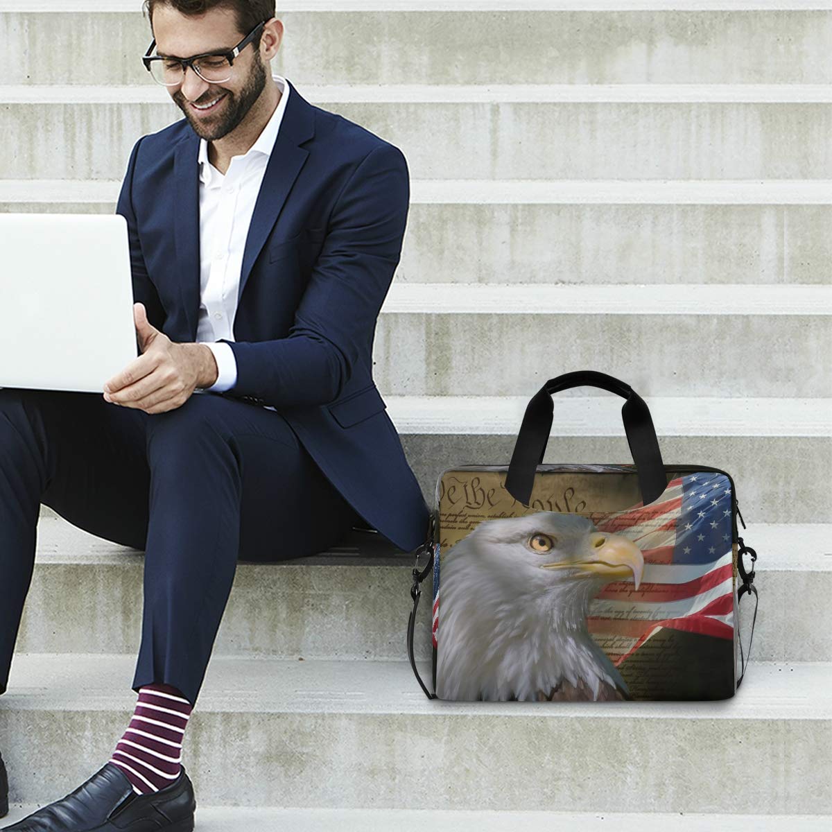 Patriotic USA Flag & Eagle Laptop Bag - Durable 13-15.6 Inch Laptop Sleeve Case with Shoulder Strap for Work, Travel & Business | American Flag Design Computer Briefcase for Men & Women