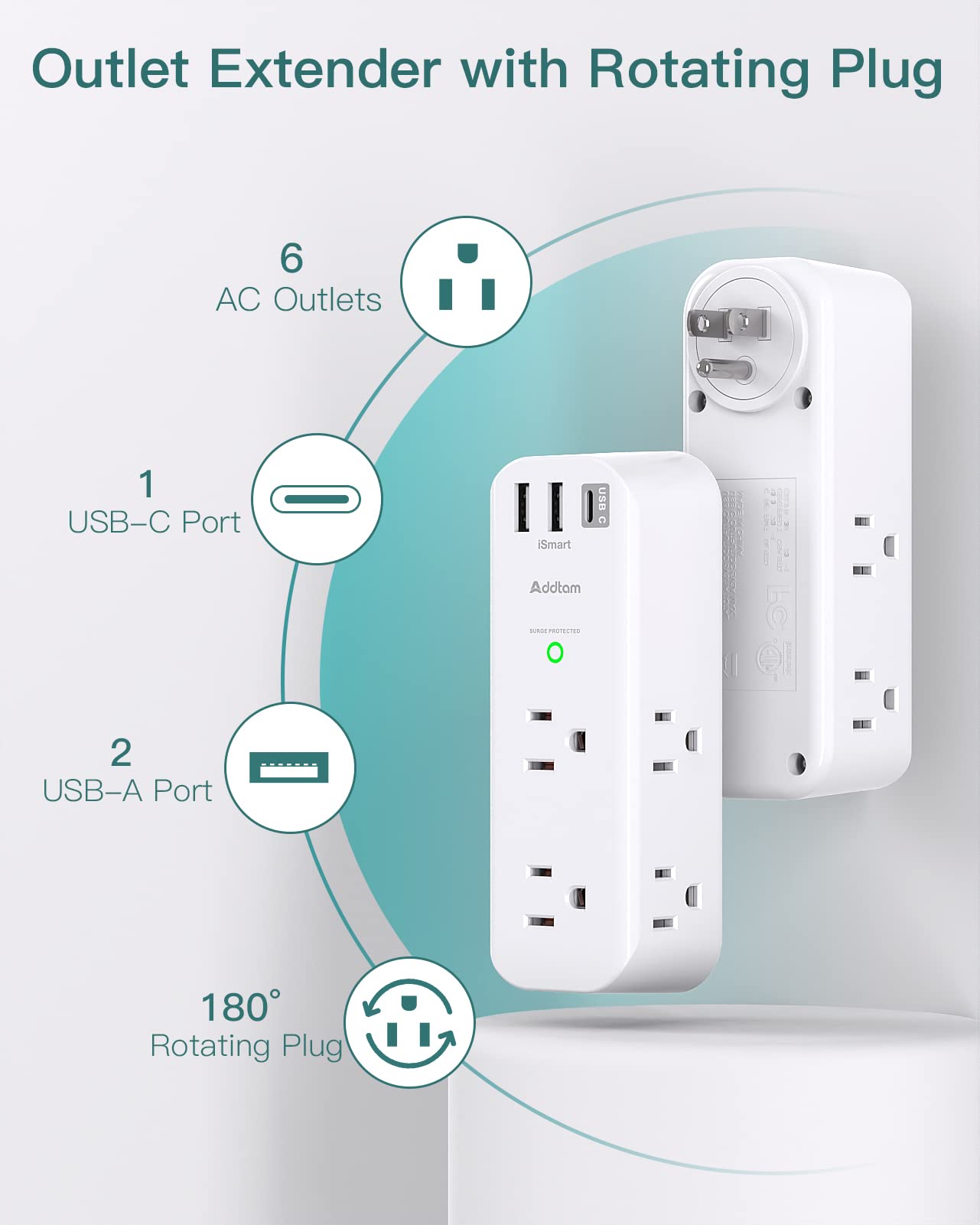 6-Outlet Surge Protector with 3 USB Ports (1 USB-C) - 1800J Rotating Power Strip, Multi Plug Wall Adapter for Home, Office & Travel - ETL Certified for Safety | Perfect for Charging Laptops, Phones & Home Electronics