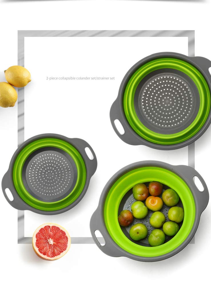 2-Pack Foldable Silicone Colander - Collapsible Strainer Basket for Washing Fruits & Vegetables - Green Kitchen Drainer with Handle - Perfect for Camping, Small Kitchens & RV Cooking