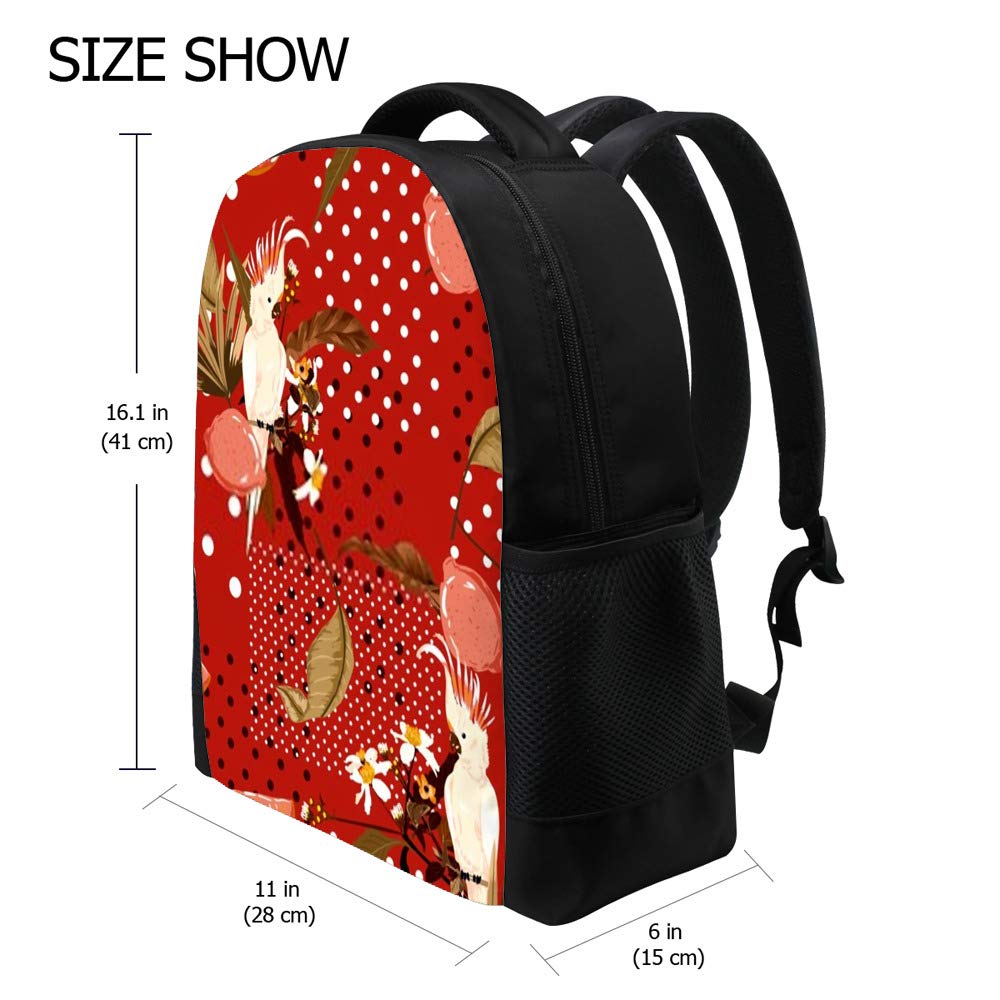 Kuizee 16 Inch Durable School Backpack - Red Exotic Tropical Macaw Bird Print with Polka Dots, College Book Bag for Travel & Daily Use | Perfect for Students, Commuters & Outdoor Activities
