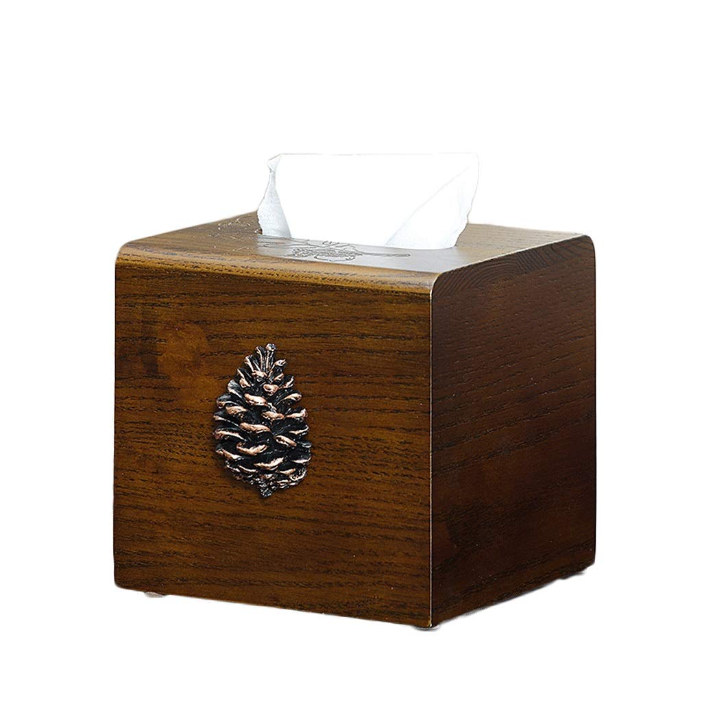 Wooden Tissue Box Cover - Square Napkin Dispenser for Home & Office - Desktop Paper Storage Holder - Vanity & Desk Decor (Brown Pine Cones Design) - Perfect for Living Room, Bedroom, Bathroom & Office Spaces