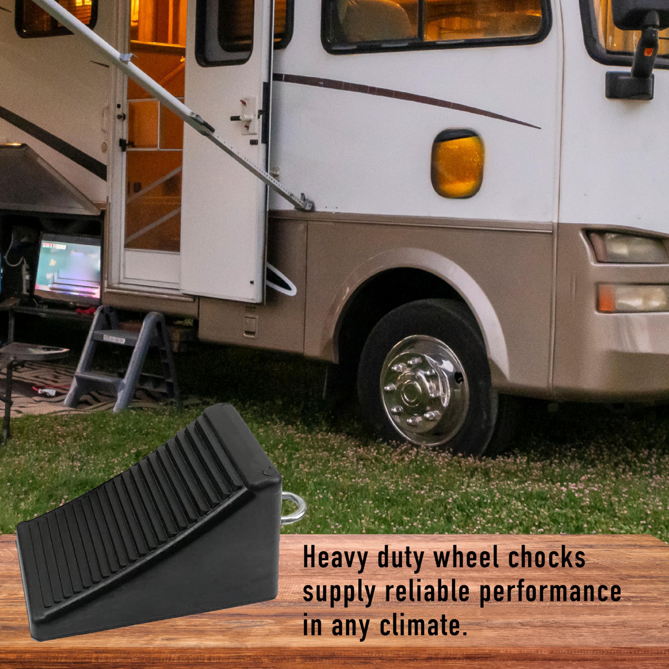 AFA Tooling - Heavy Duty Wheel Chocks with Eyebolt Tie Off Handles (2 Pack) - Non-Slip RV Wheel Chocks for Front & Back Tires - Quick Grip Ribbed Design - Perfect for Campers, Trailers, RVs, Trucks, Cars and ATVs - Secure Parking on Slopes & Uneven Terrain