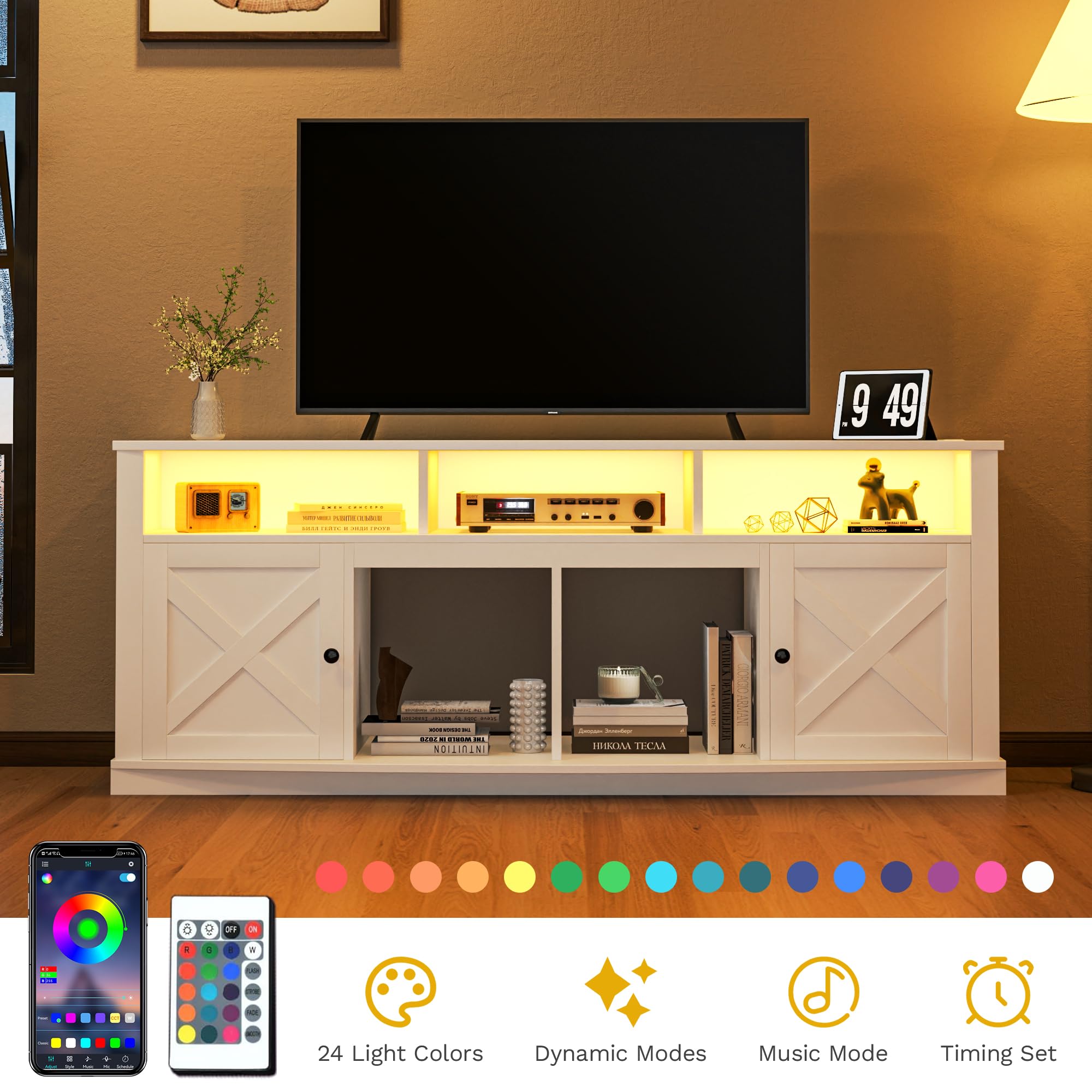 75/80 Inch TV Stand with LED Lights & Power Outlet - Modern Entertainment Center with Barn Doors, White - Perfect for Living Room Home Theater Setup & Media Storage