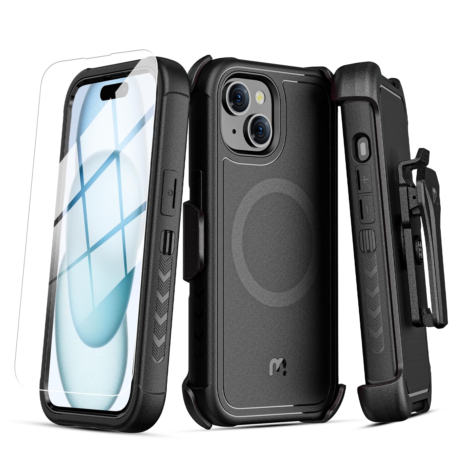 MYBAT PRO Maverick Series iPhone 15 Case with Belt Clip Holster - Magsafe Compatible, Shockproof & Anti-Drop Protection, Built-in 360° Rotating Kickstand & Screen Protector | Heavy Duty Protective Cover for Outdoor, Work & Daily Use (Black)