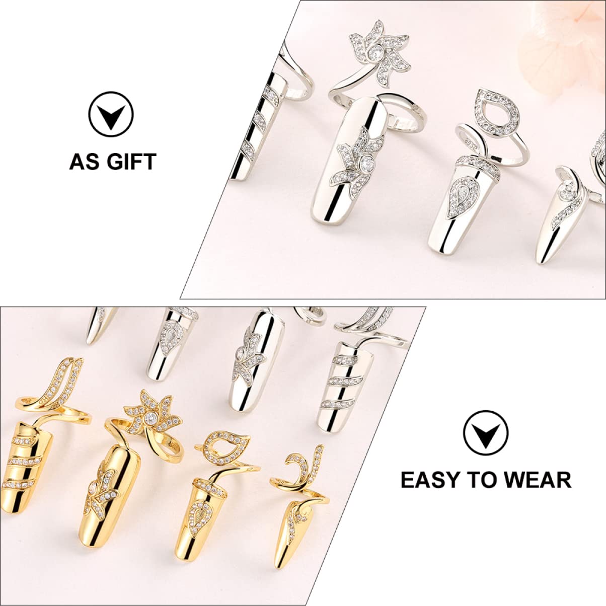 FRCOLOR Silver Gothic Nail Rings for Women - Metal Fingernail Cover Rings with Rhinestones | Elegant Nail Jewelry for Parties, Halloween & Gothic Fashion
