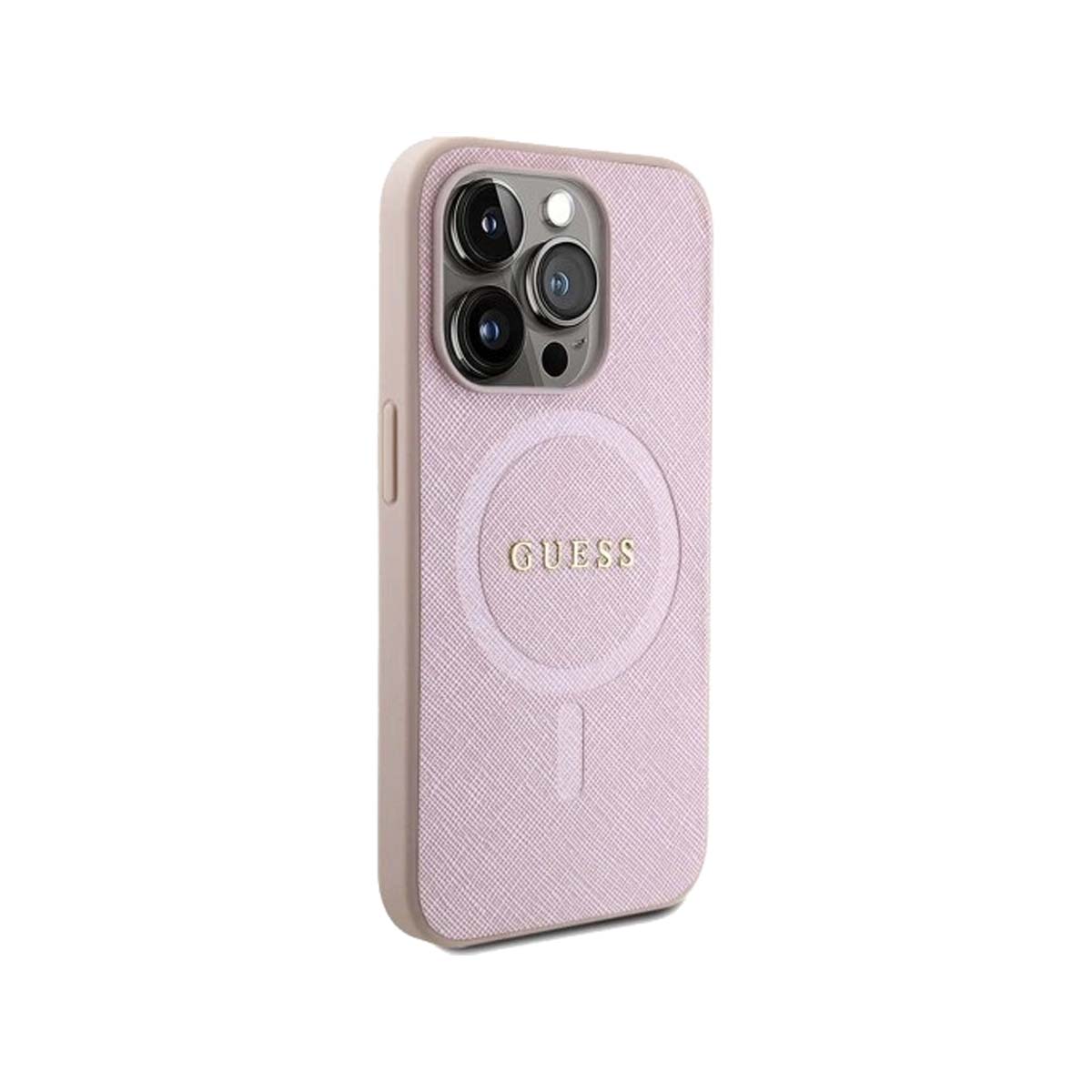 Guess Saffiano Leather MagSafe Phone Case for iPhone 15 Pro - Pink | Slim Protective Cover with Magnetic Alignment | Perfect for Work, Travel & Everyday Use