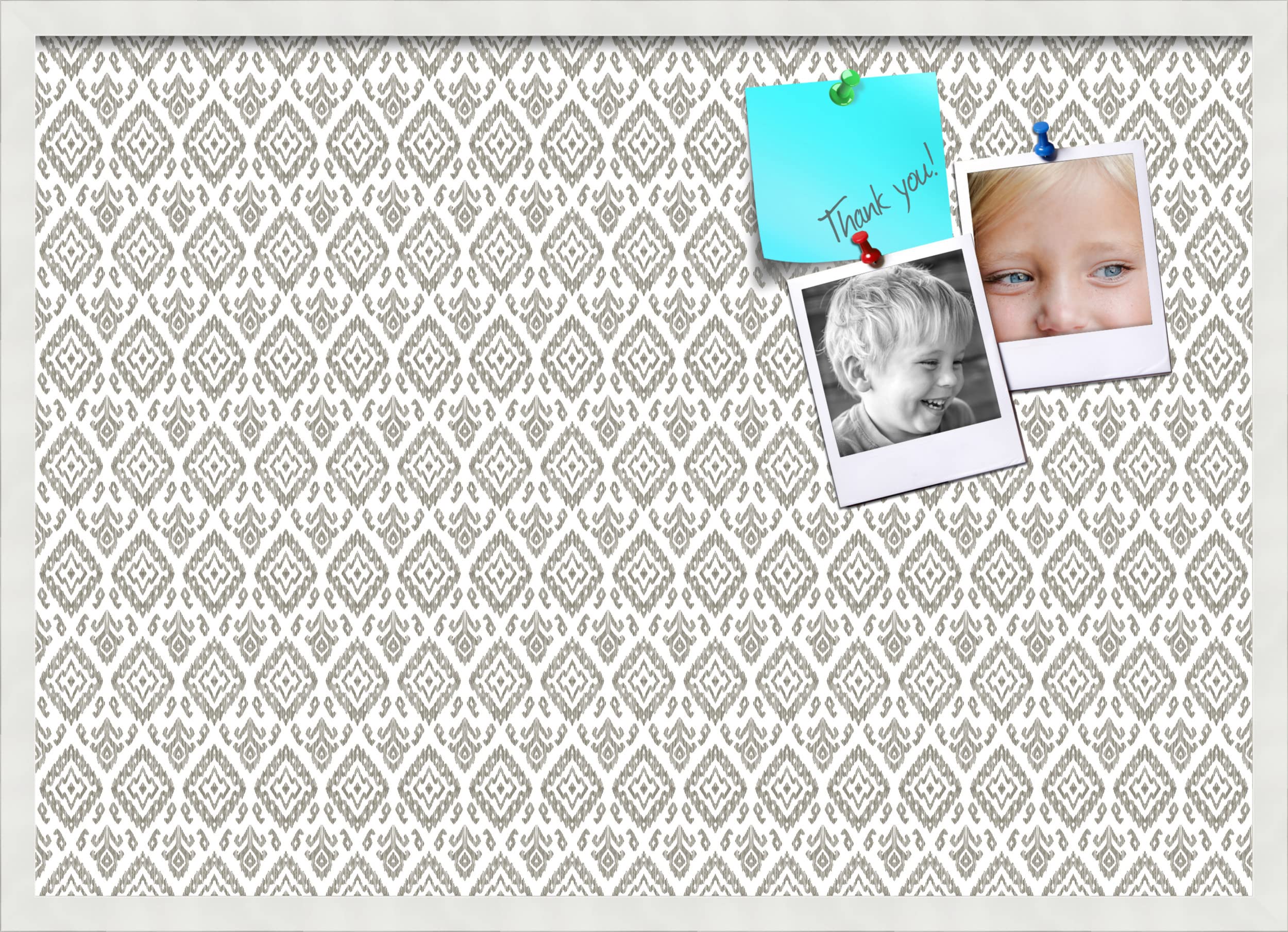 PinPix 34x24 Inch Cork Bulletin Board - Vintage Pewter Ikat Design with Satin White Frame | Wall Mounted Memo Board for Home Office Decor, School Classroom, Dorm Room & Workspace Organization (PinPix-1599)
