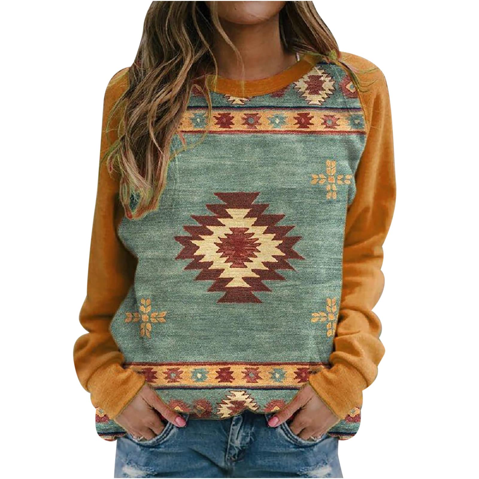 Women's Western Aztec Ethnic Print Long Sleeve T-Shirt - Crewneck Loose Fit Blouse Tunic Top for Casual Wear & Boho Style Outfits