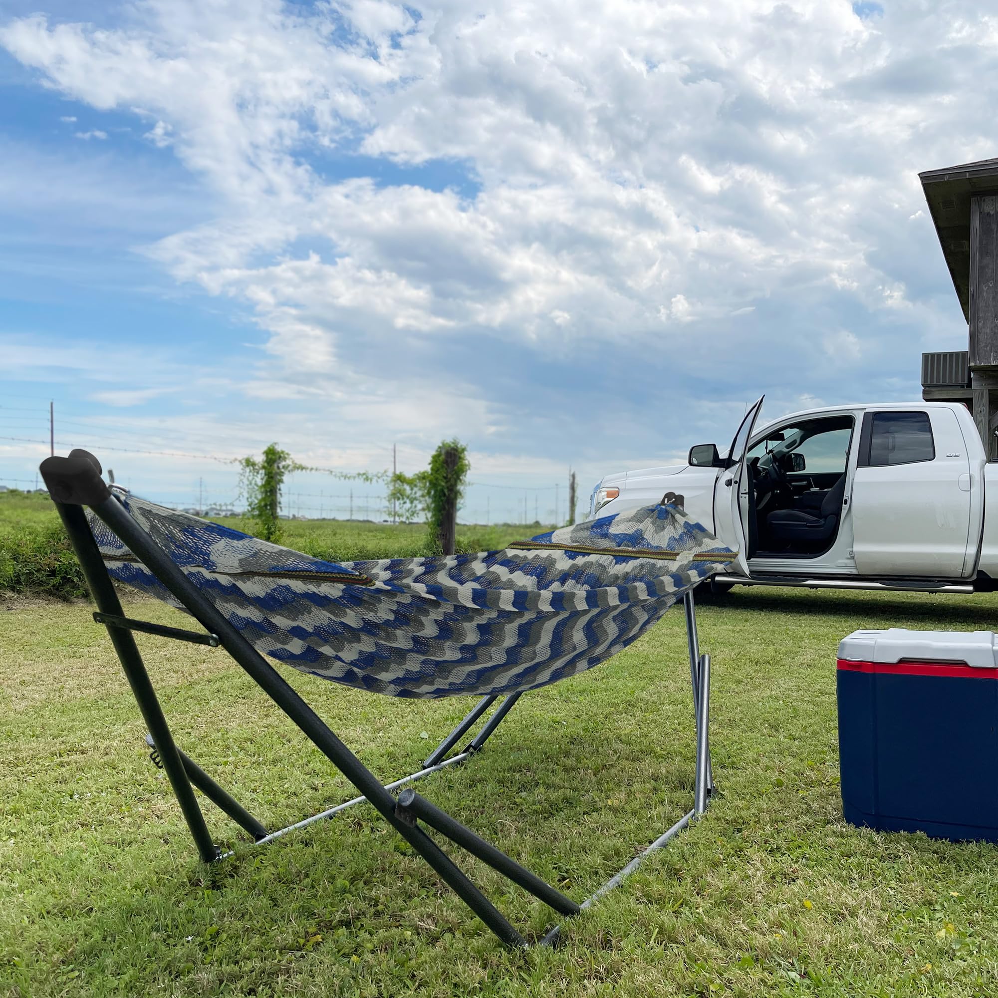 Tranquillo Uniki 550 lbs Capacity Double Hammock Stand - Adjustable & Collapsible Steel Frame with Breathable Polyester Hammock Net - Perfect for Camping, Backyard Relaxation & Outdoor Adventures