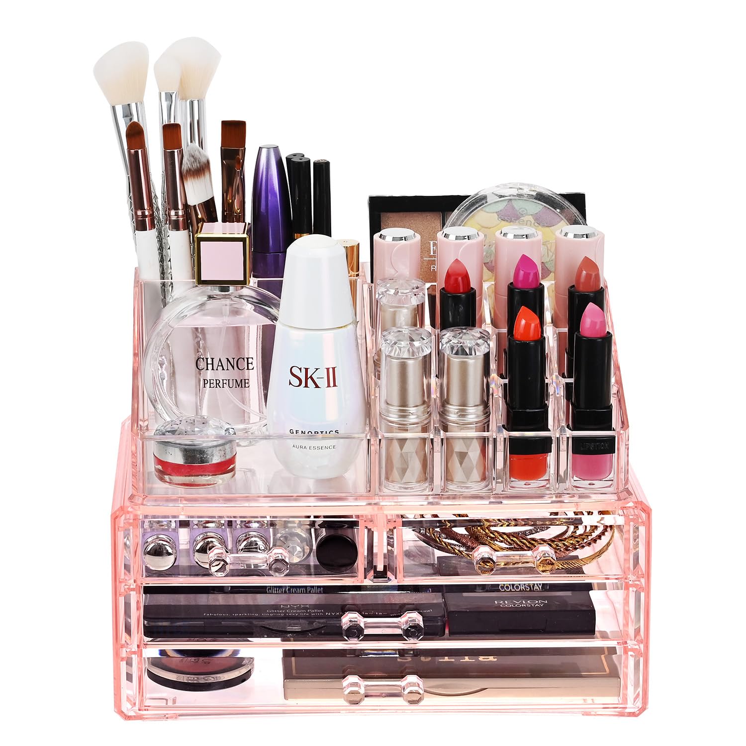 Ikee Design Pink Jewelry & Cosmetic Storage Display Boxes 2-Piece Set - Vanity Organizer Makeup Holder for Necklaces, Rings & Beauty Products | Perfect for Bedroom Dresser, Bathroom Counter & Travel