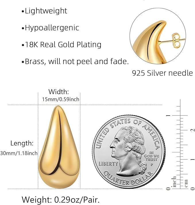 2 Pair Bottega Teardrop Gold Hoop Earrings for Women - 18K Gold Plated/Silver Chunky Hoop Earrings | Lightweight Dangle Earrings, Hypoallergenic Nickel-Free Trendy Jewelry Set | Perfect for Parties, Weddings & Everyday Fashion Accessories
