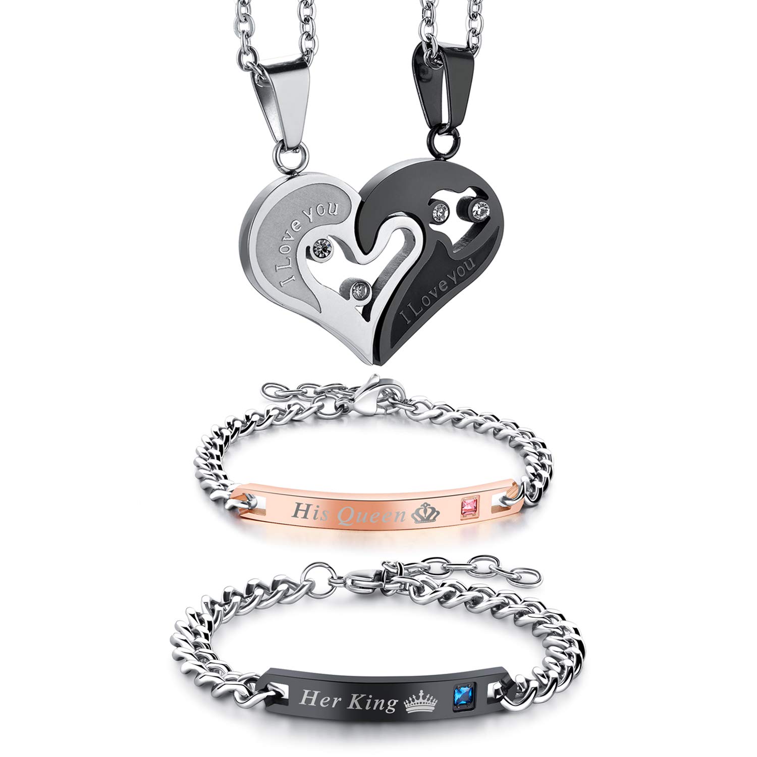 **Cupimatch 2 Pairs Couple Matching Necklace & Bracelet Set - Adjustable Stainless Steel I Love You Heart Puzzle Necklace & His Hers Bracelets - King & Queen CZ Relationship Jewelry for Anniversaries, Valentine's Day & Romantic Gifts**