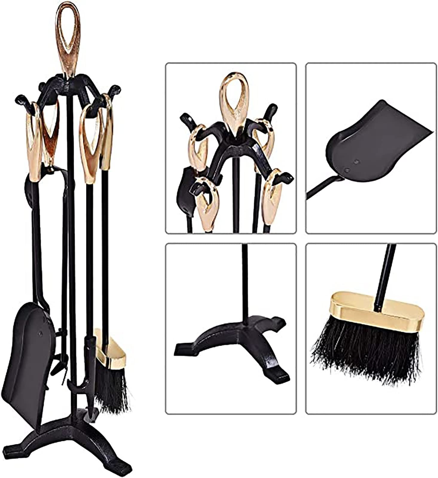 MTSON Modern 5-Piece Fireplace Tool Set - Heavy Duty Cast Iron Fireplace Accessories for Indoor & Outdoor Use with Space-Saving Tool Holder & Base - Perfect for Fireplace Maintenance, Camping & Patio Decor