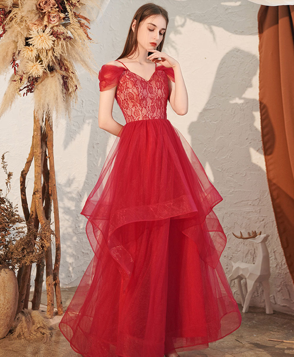 Elegant Red V-Neck Tulle Off-Shoulder Long Prom Dress for Women - Formal Graduation Gown for Homecoming, Pageant & Special Occasions