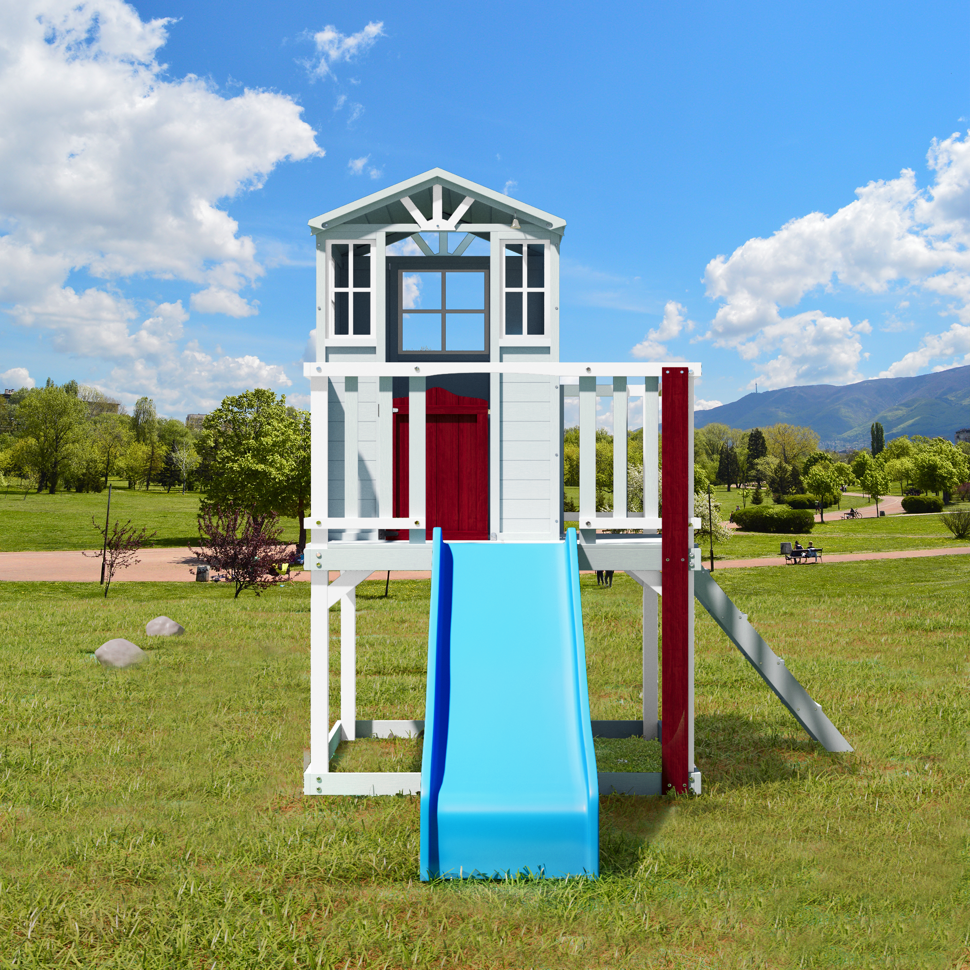 Erommy Kids Outdoor Wooden Playhouse with Slide, Climbing Ladder & Play Kitchen - Fir Tree House for Children Ages 4-8 (Gray) | Perfect for Backyard Fun, Imaginative Play & Outdoor Adventures