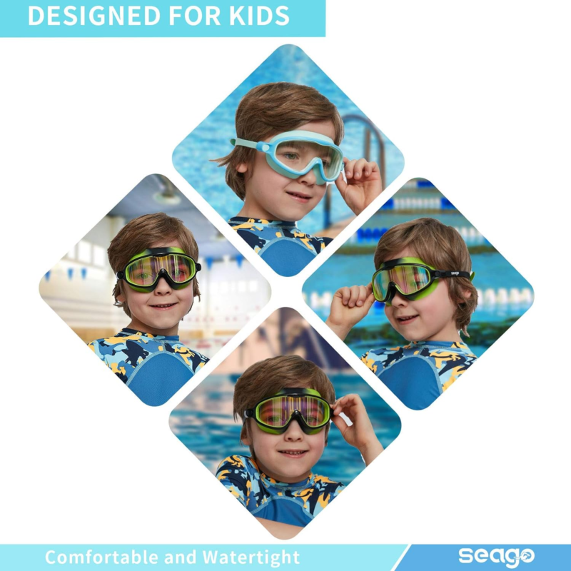 Seago Kids Swimming Goggles 2 Pack - Anti Fog & UV Protection Swim Goggles for Children Ages 3-15 - Wide View Lens for Pool, Beach & Swimming Lessons