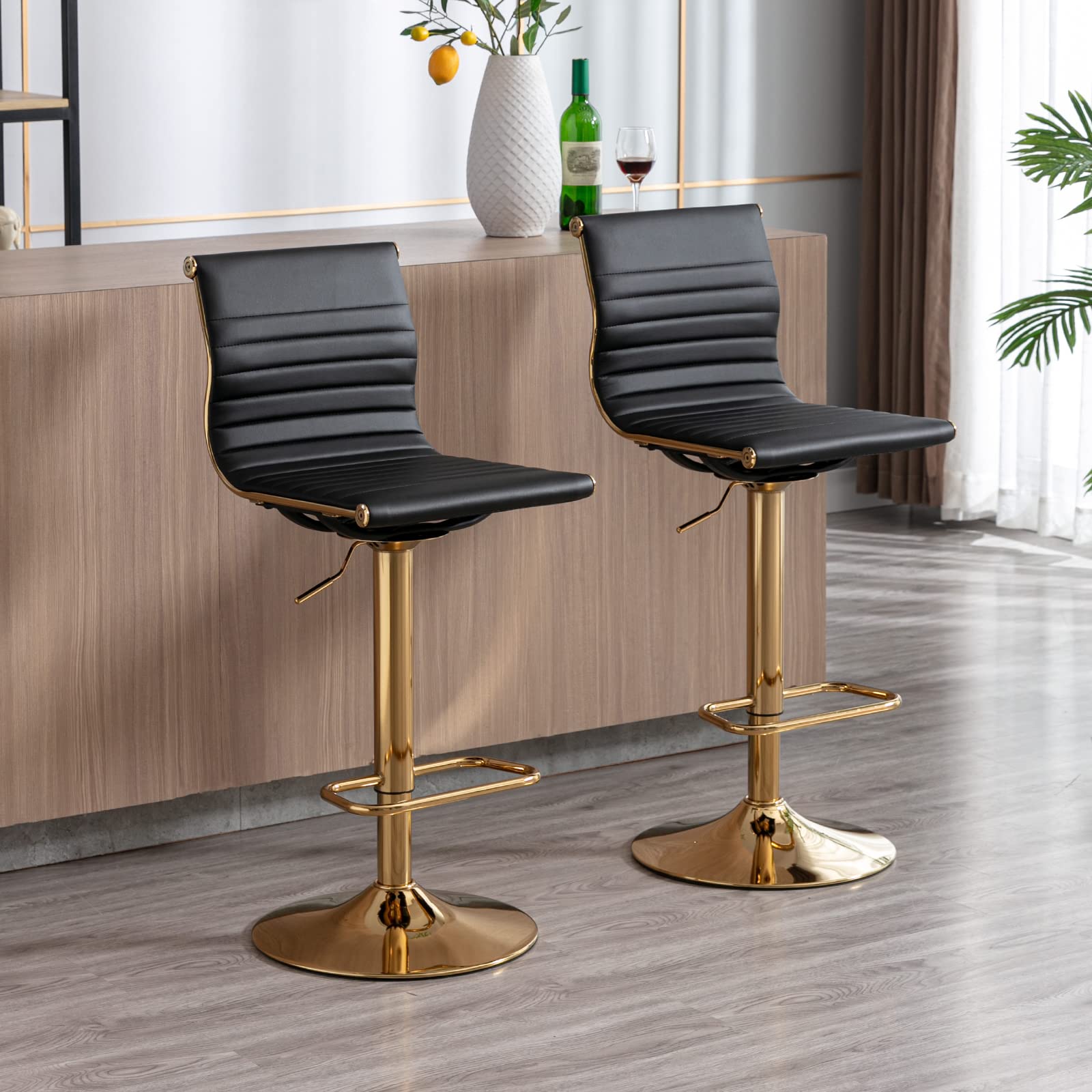 2 Pack Adjustable Metal Bar Stools - Modern Black PU Leather Counter Height Stools with Golden Base for Kitchen Island, Bar & Dining Room | Perfect for Home, Restaurant & Cafe Use