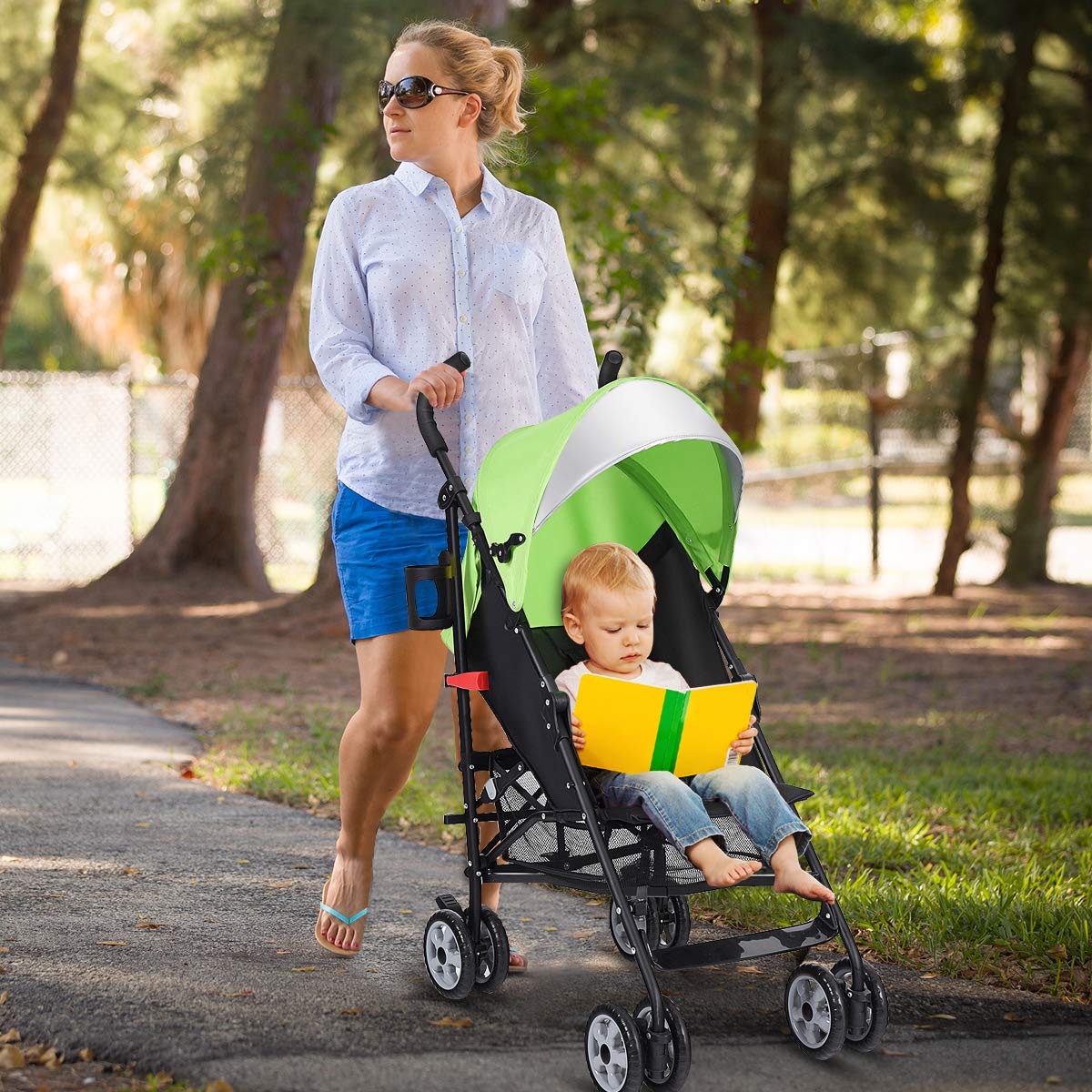 HONEY JOY Lightweight Compact Baby Stroller for Travel - Adjustable Canopy & Reclining Seat with 5-Point Safety Harness, Cup Holder & Storage Basket | Foldable Umbrella Stroller for Toddlers | Perfect for Airplane, Shopping & Daily Walks (Green)