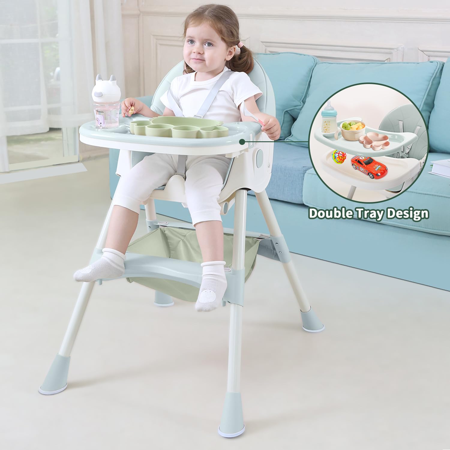4 in 1 Foldable Baby High Chair with Removable Tray, Safety Belt, Adjustable Footrest & Wheels - Convertible Toddler Feeding Chair for Dining, Travel & Home Use - Green