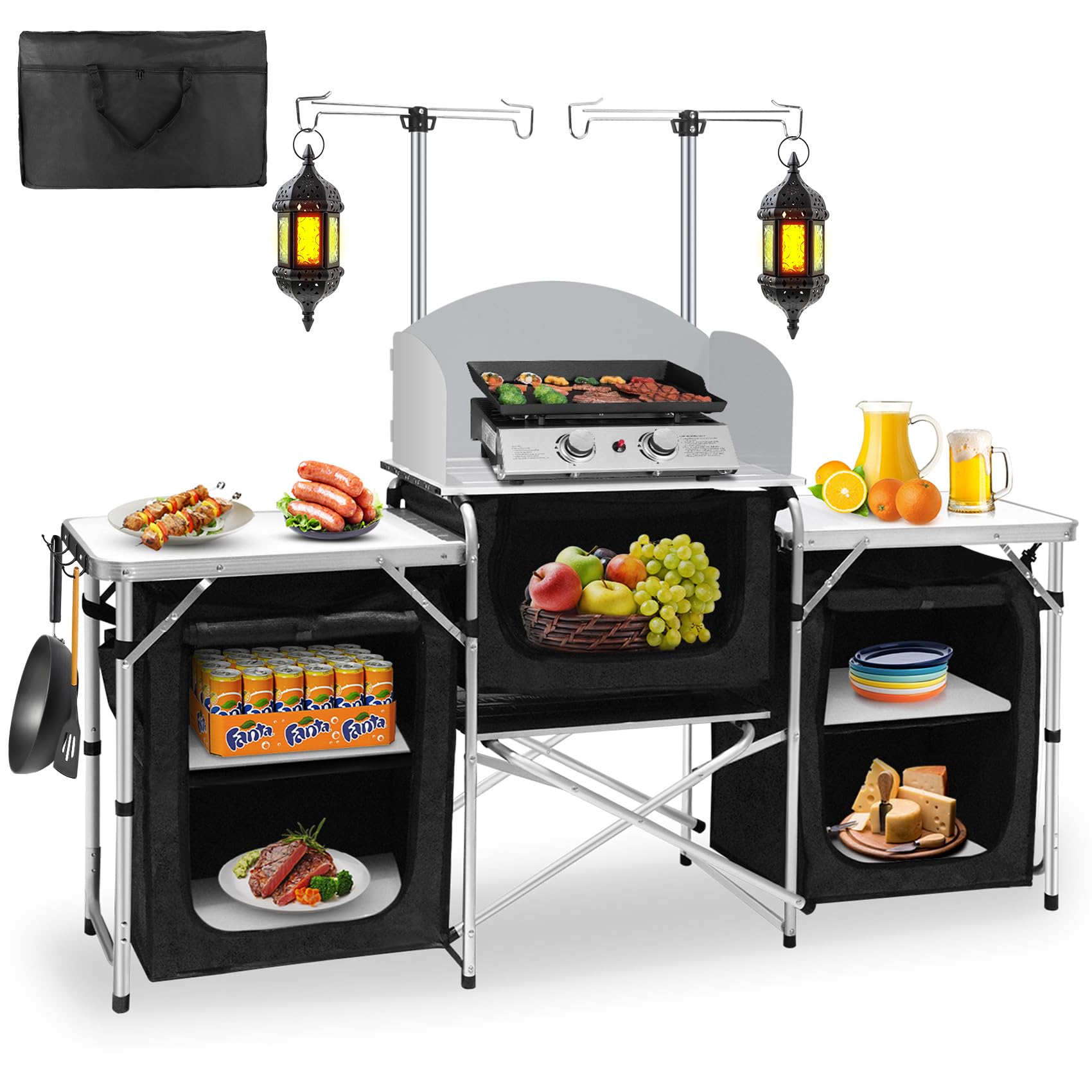 Portable Aluminum Camping Kitchen Table with Windscreen & 3 Storage Cupboards - Foldable Outdoor Cooking Table for BBQ, Picnic, Hiking & Backpacking | Perfect for Camping, Tailgating & Beach Parties