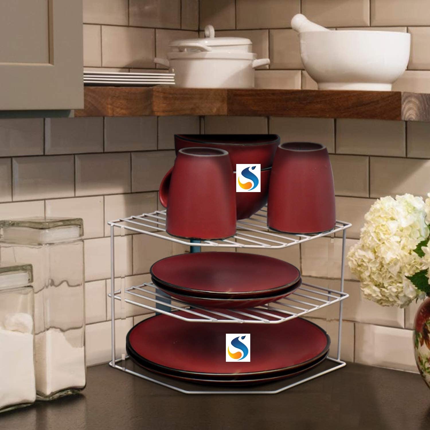 Sevenger Multipurpose Stainless Steel Kitchen Corner Shelf Organizer - Chakla Belan Plate Dish Rack Stand Holder for Utensils Storage, Cabinet & Cupboard (Set of 1) - Perfect for Small Kitchen Space Saving & Countertop Organization