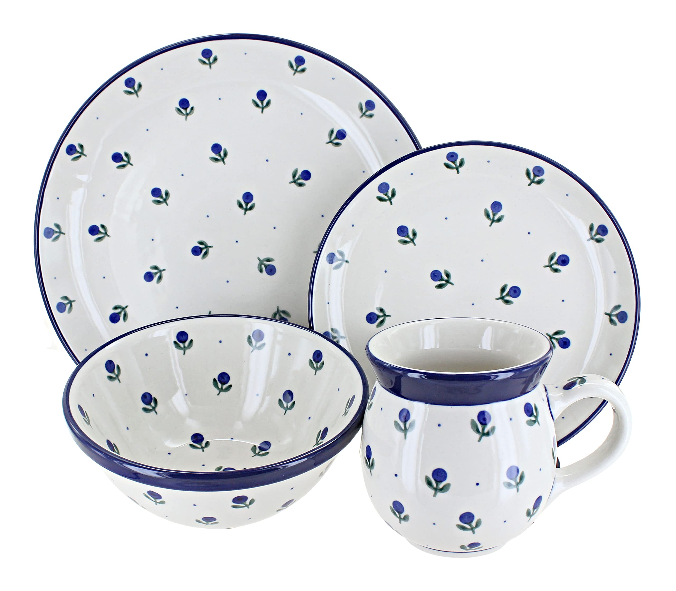 Blue Rose Polish Pottery Blueberry 16-Piece Dinner Set - Elegant Handmade Ceramic Tableware for Formal Dining & Special Occasions