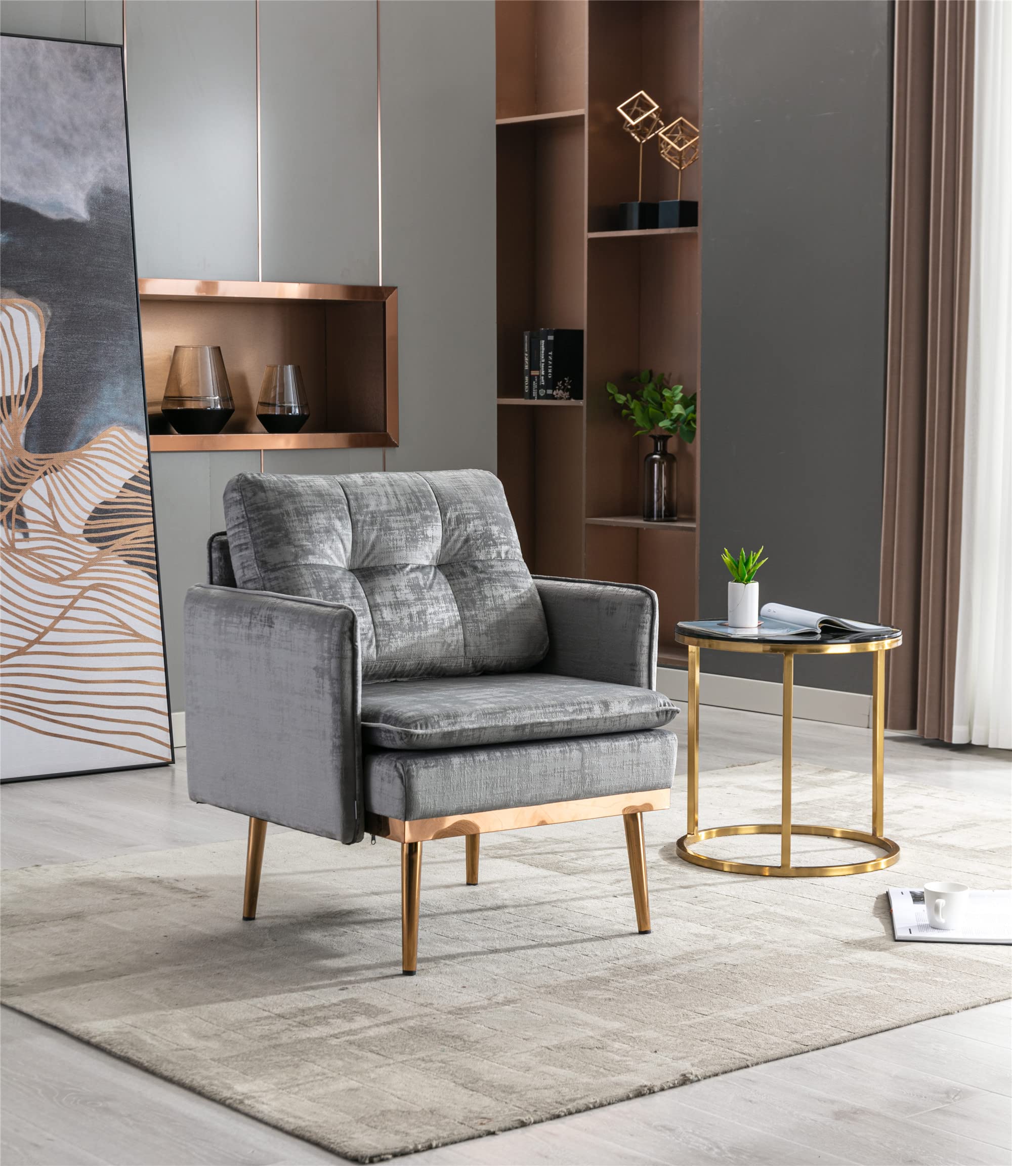 Modern Velvet Single Sofa Chair - Upholstered Accent Living Room Armchair with Rose Gold Metal Legs, Tufted Reading Chair for Bedroom & Lounge (Grey) - Perfect for Small Spaces, Home Office & Cozy Corners