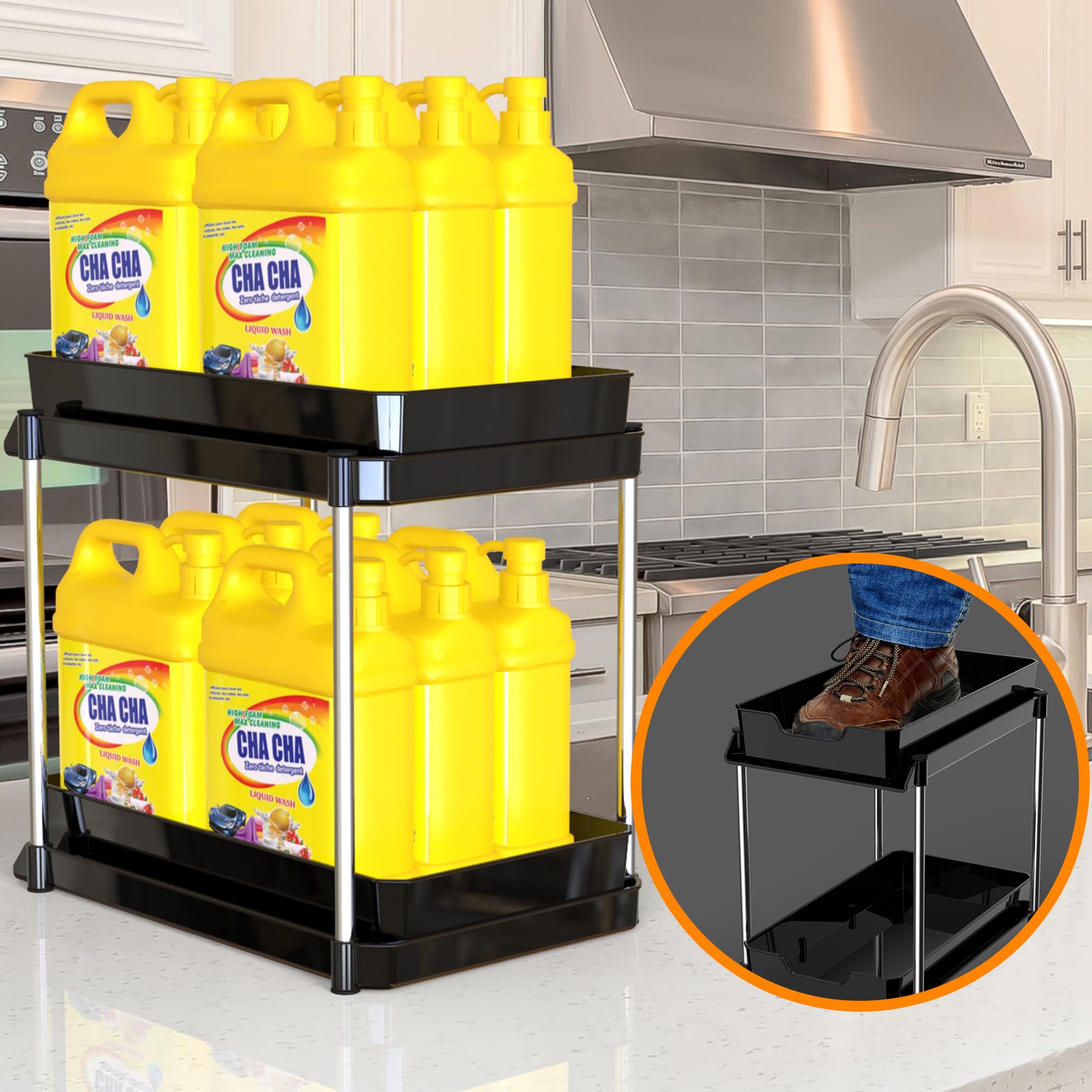 CHWM 2-Pack Black Under Sink Organizer - Multi-Purpose Kitchen & Bathroom Storage Drawer Organizer for Pantry, Makeup, and Home Organization (Large Size) - Perfect for Small Space Storage Under Sink, Vanity, and Closet