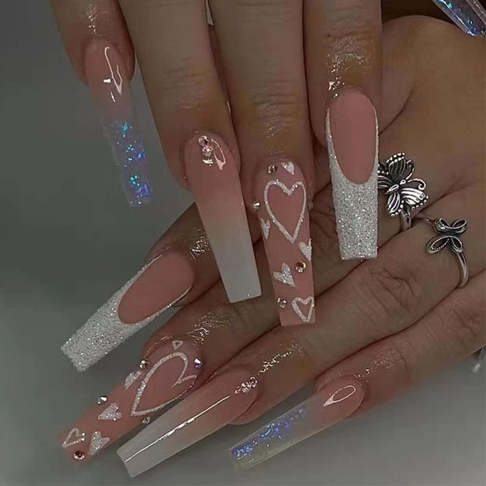 24Pcs Heart Pattern Press on Nails - Long Coffin Fake Nails with Glitter & Glossy Finish - Ballerina Clip on Full Cover False Nails for Women & Girls - Perfect for Parties, Weddings, Date Nights & Special Occasions